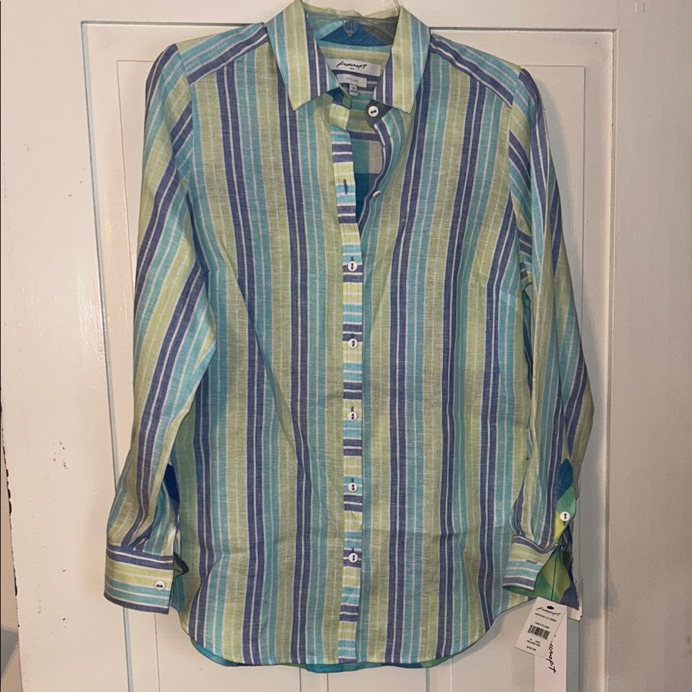 Foxcroft Women’s Linen Havana LS Shirt Island Sky Sz 6 Striped Resort  Relaxed